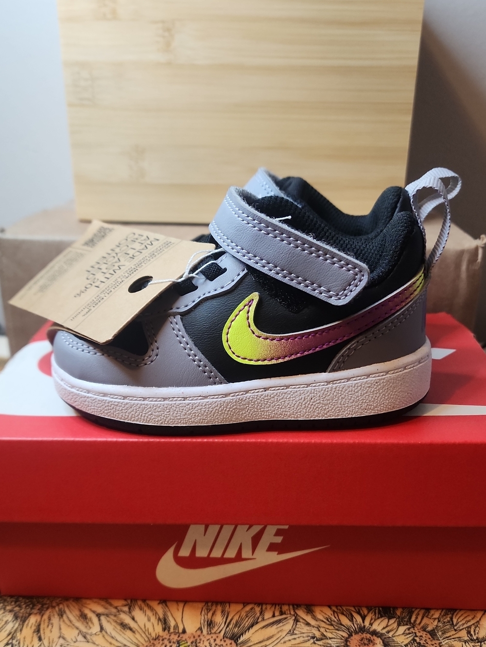 Nike Kids Gray & Black Sneaker with Neon Yellow-Pink Gradient Swoosh